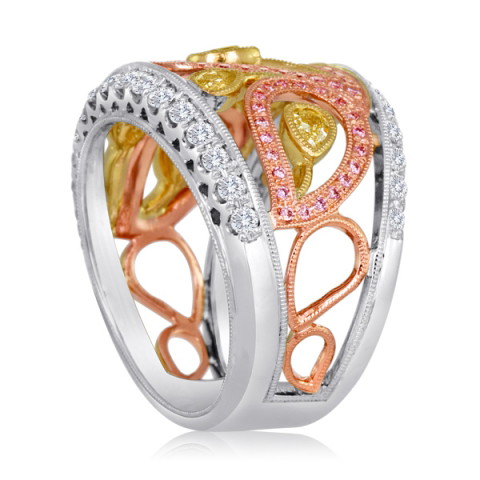 18K White, Yellow & Rose Gold Pink & White Diamond Swirl/Pear Band