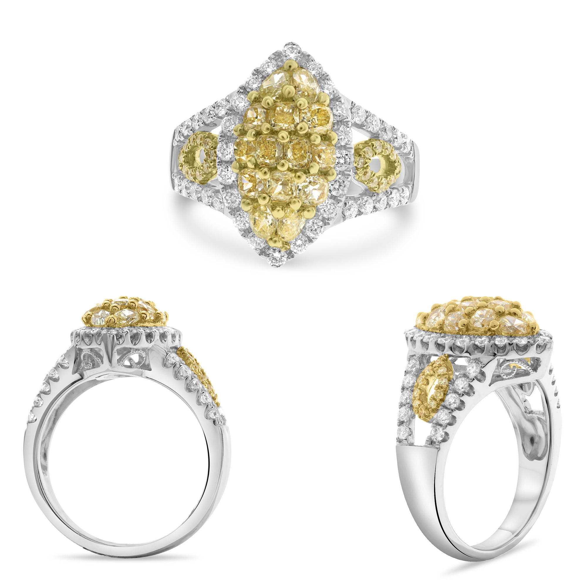 18K White & Yellow Gold Yellow Diamond Marquise Halo Ring (1.32ctw YD, 0.64ctw WD)