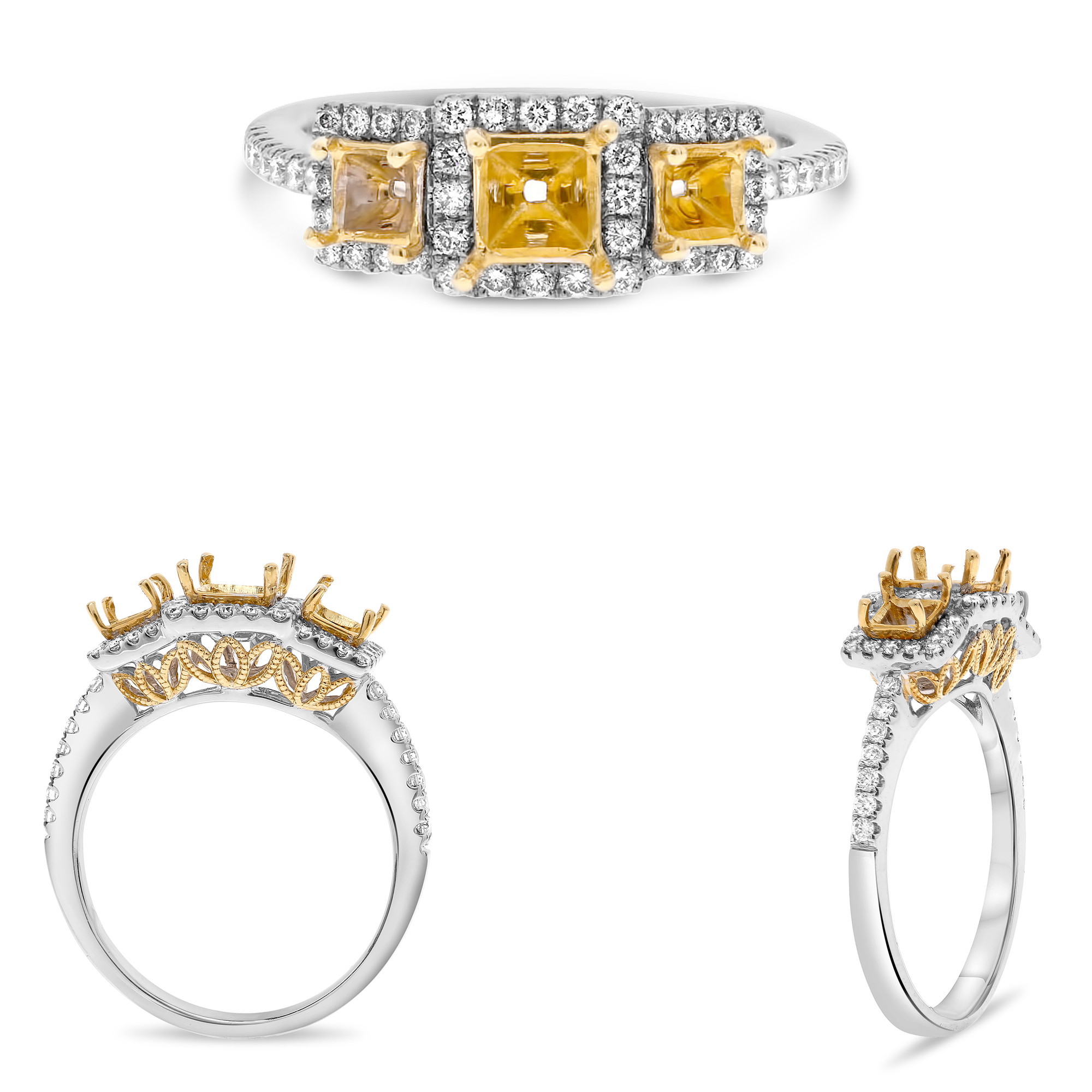 18K White & Yellow Gold Fancy Yellow Diamond 3-Stone Halo Ring