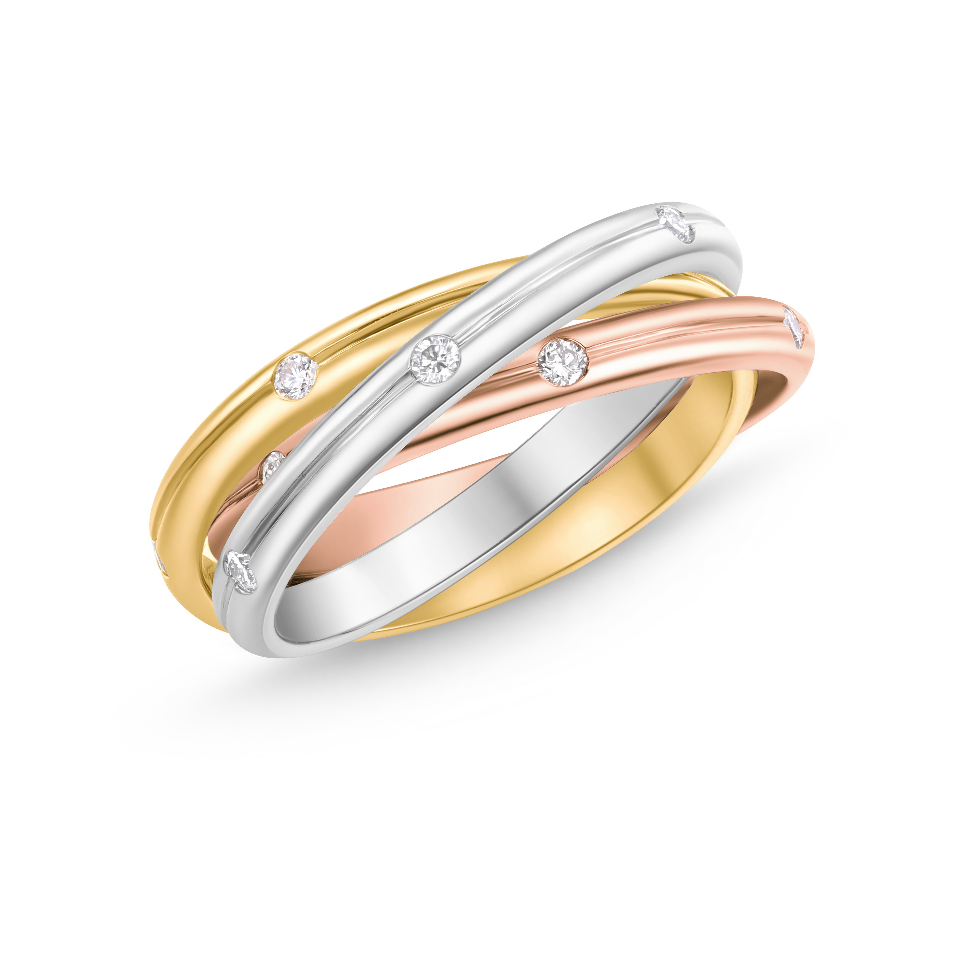 18K White, Yellow & Rose Gold Diamond 3-Row Rolling Fashion Ring - Size 4.5