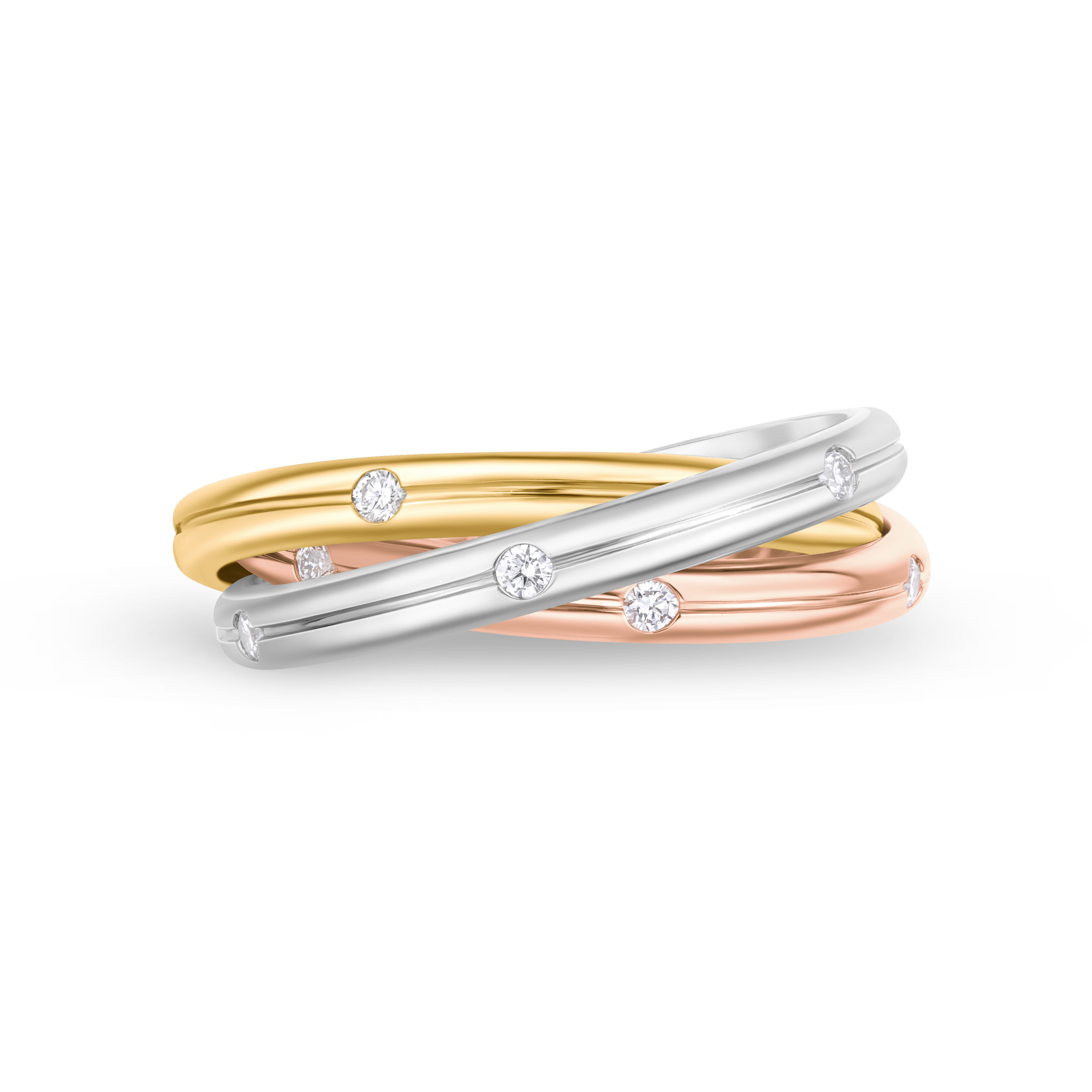 18K White, Yellow & Rose Gold Diamond 3-Row Rolling Fashion Ring - Size 4.5