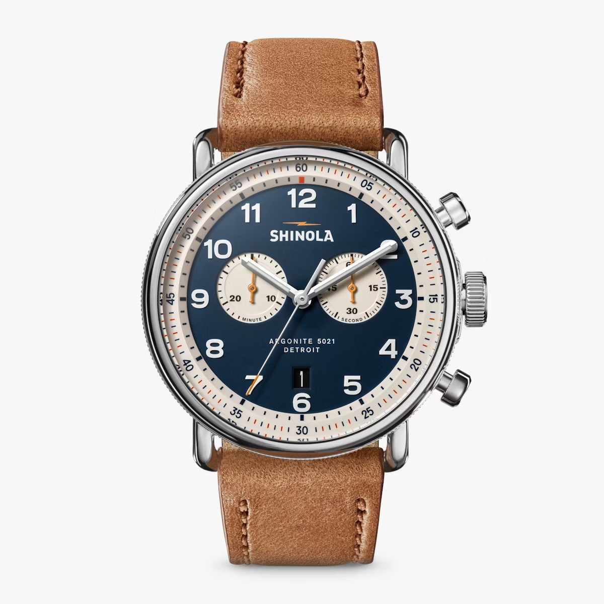 Shinola 43mm Canfield Chrono Watch - Dark Blue Dial, Bourbon Leather