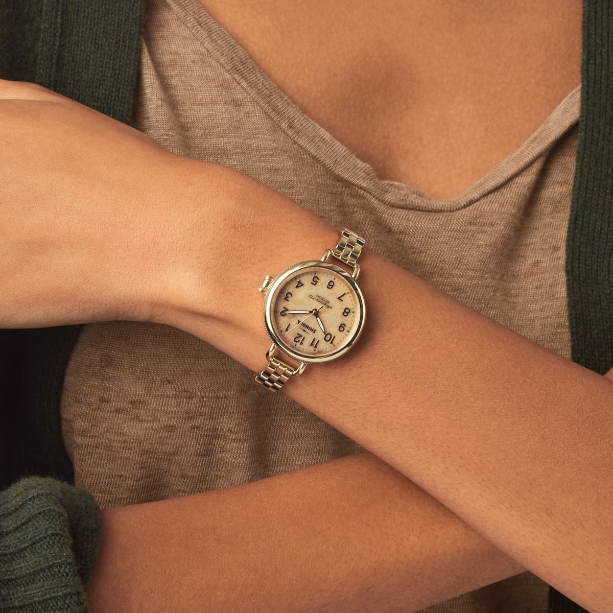 Shinola 34mm Birdy Watch Petoskey Dial, Stainless Steel/Gold