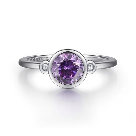 Gabriel & Co. Sterling Silver Amethyst & Diamond Bezel Birthstone Ring