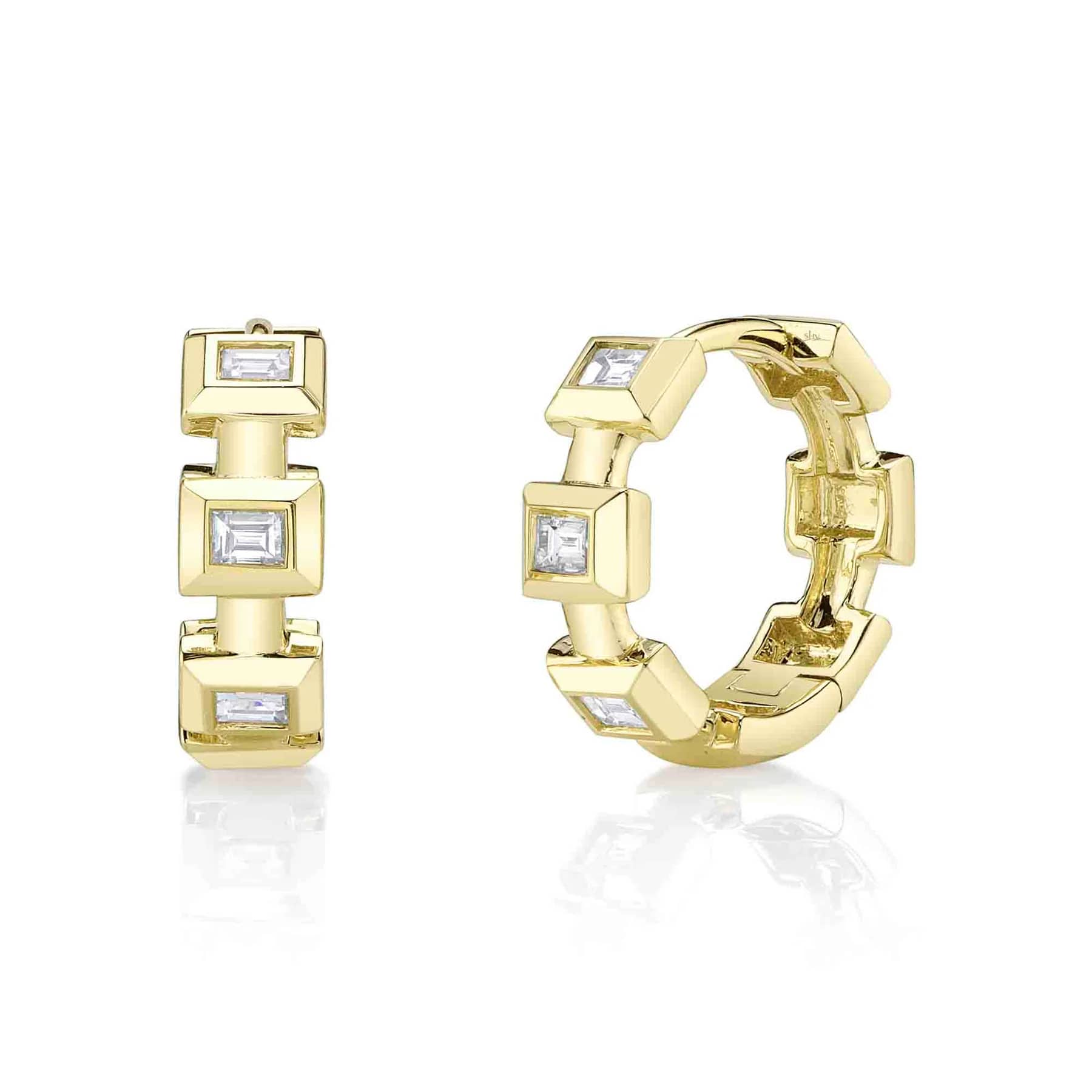 Shy Creation 14K Yellow Gold Baguette Diamond Geometric Huggie Earrings