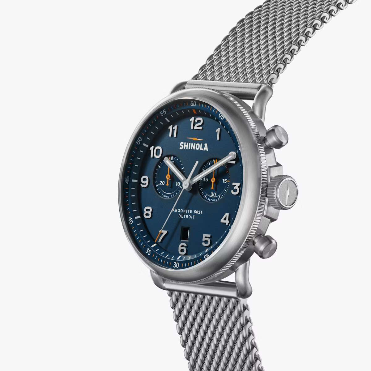 Shinola 43mm Canfield Chrono Watch - Dark Blue Dial, Silver Bracelet