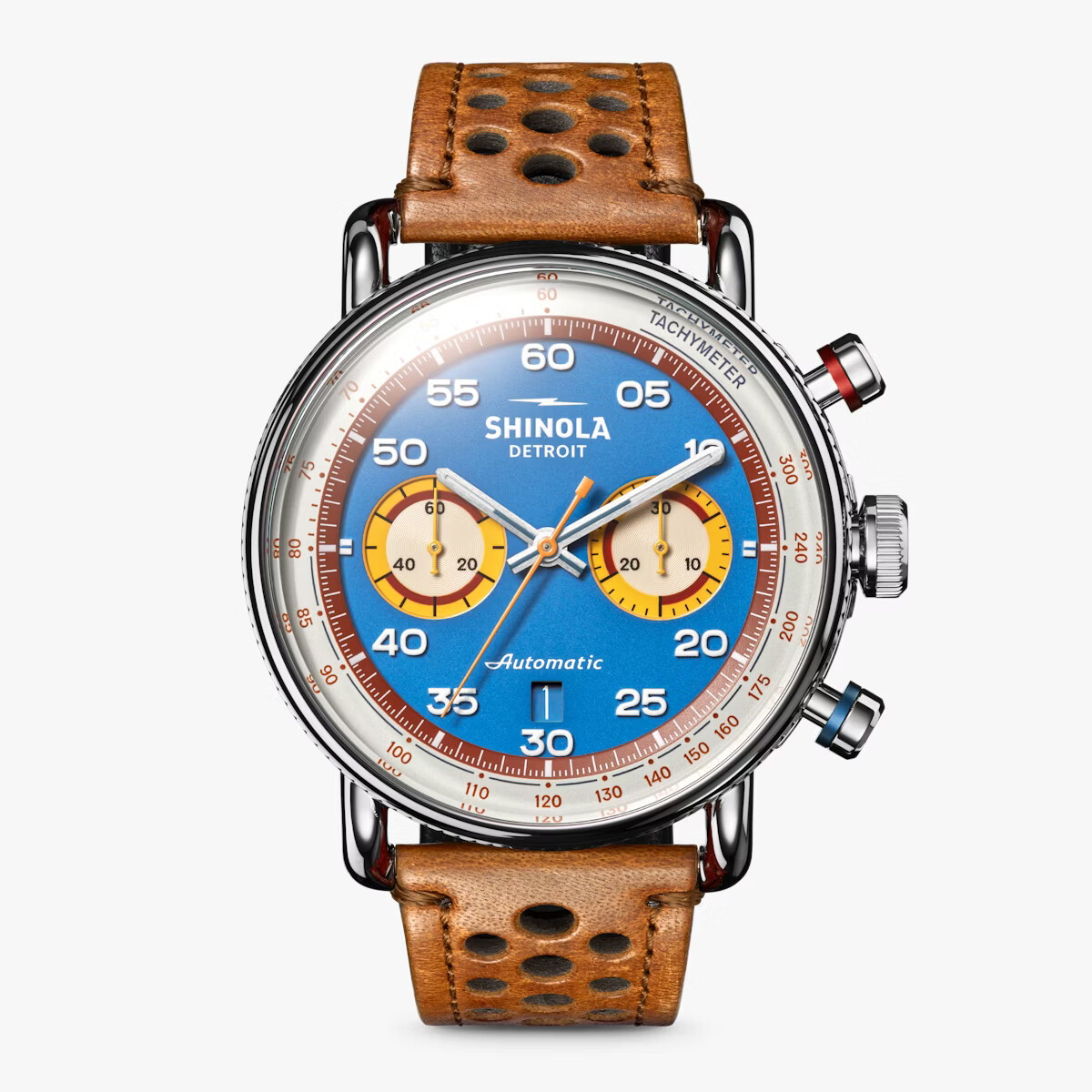 Shinola 44mm Canfield Chrono Watch - Blue Dial, Brown Leather Strap