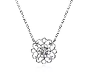 Gabriel & Co. Sterling Silver White Sapphire Filigree Pendant (18")