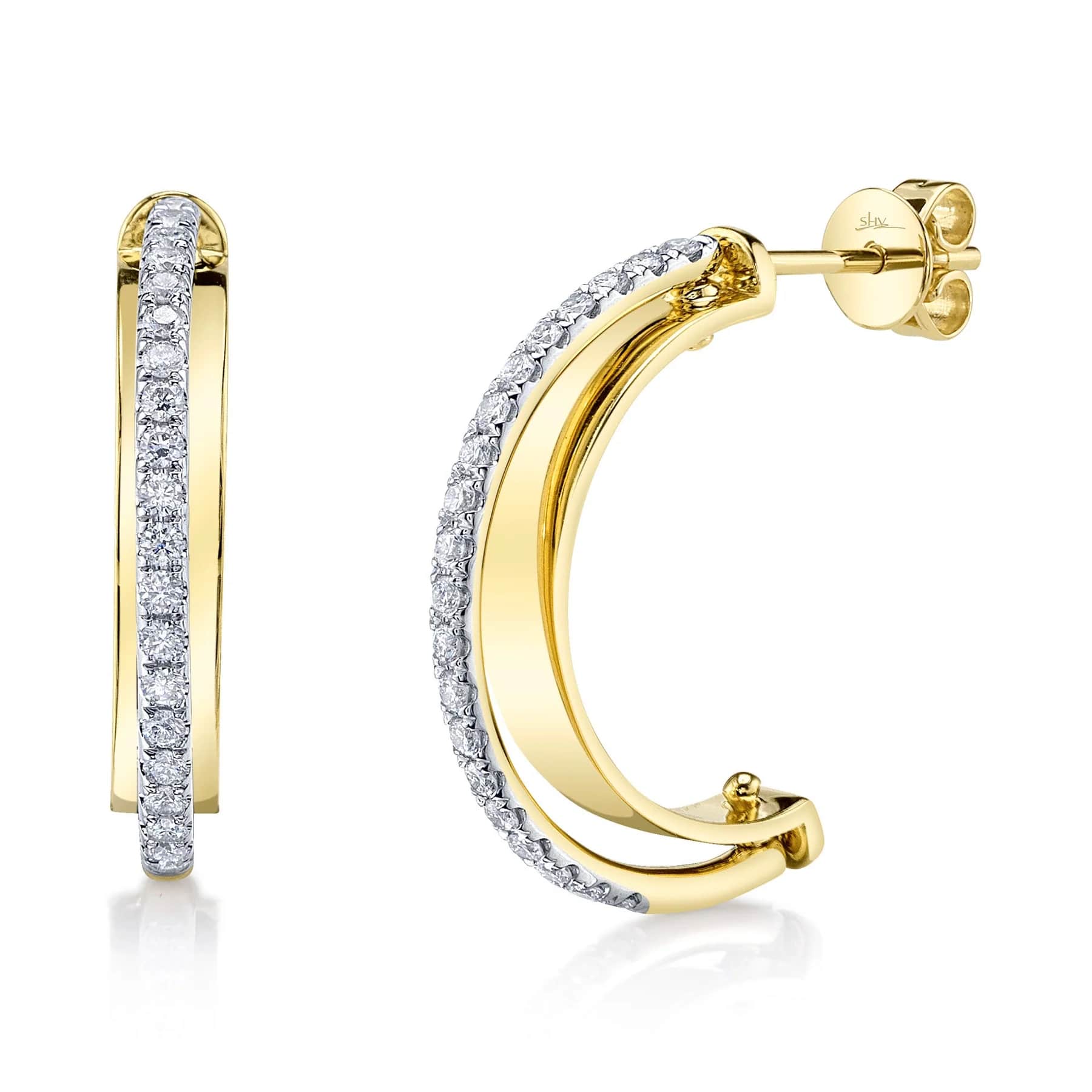 Shy Creation 14K Yellow Gold Diamond Half Hoop Earrings with Moving Accent