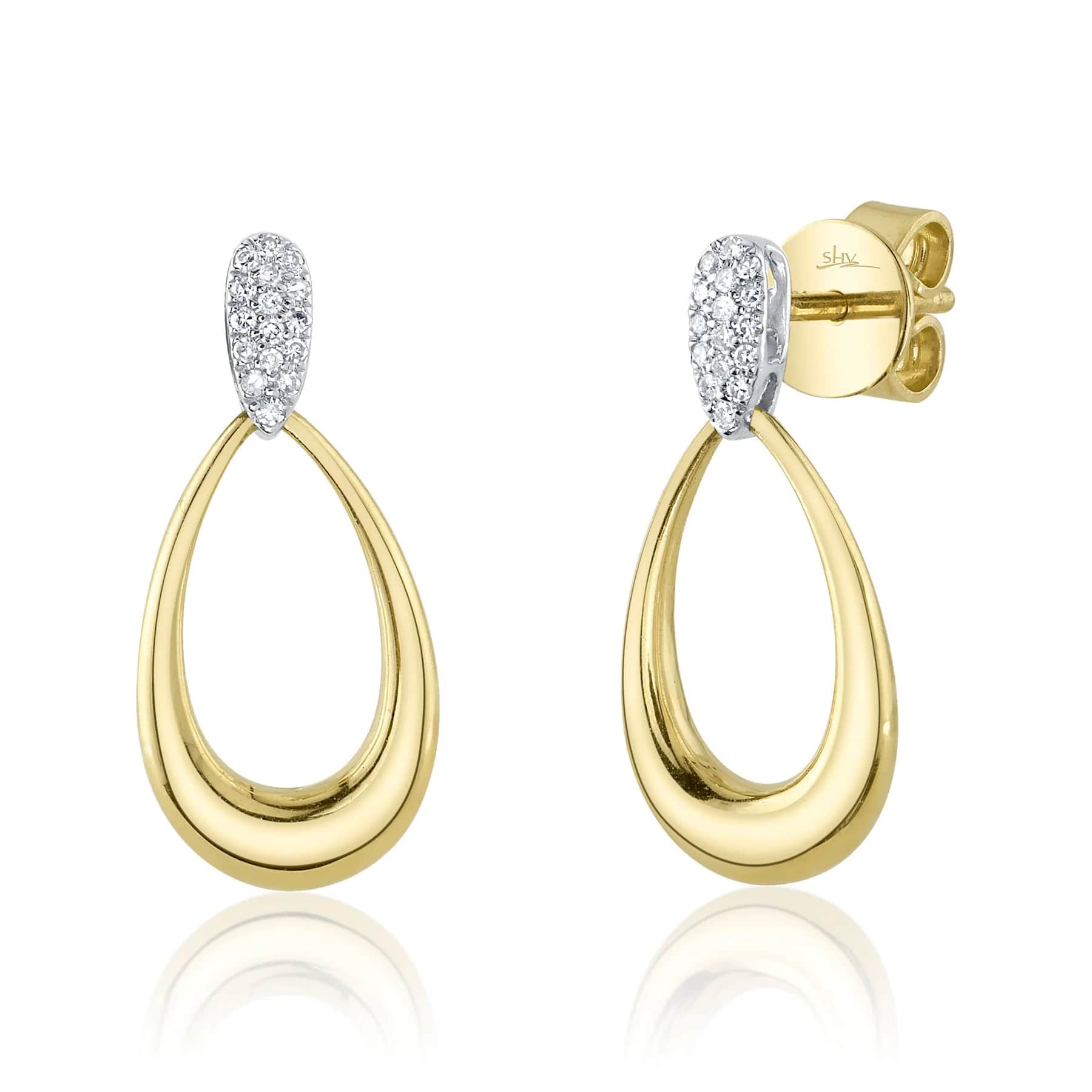 Shy Creation 14K Yellow Gold Diamond Pave Bail Open Teardrop Earrings