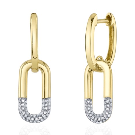 Shy Creation 14K Yellow Gold Diamond Half Pave Double Link Drop Earrings