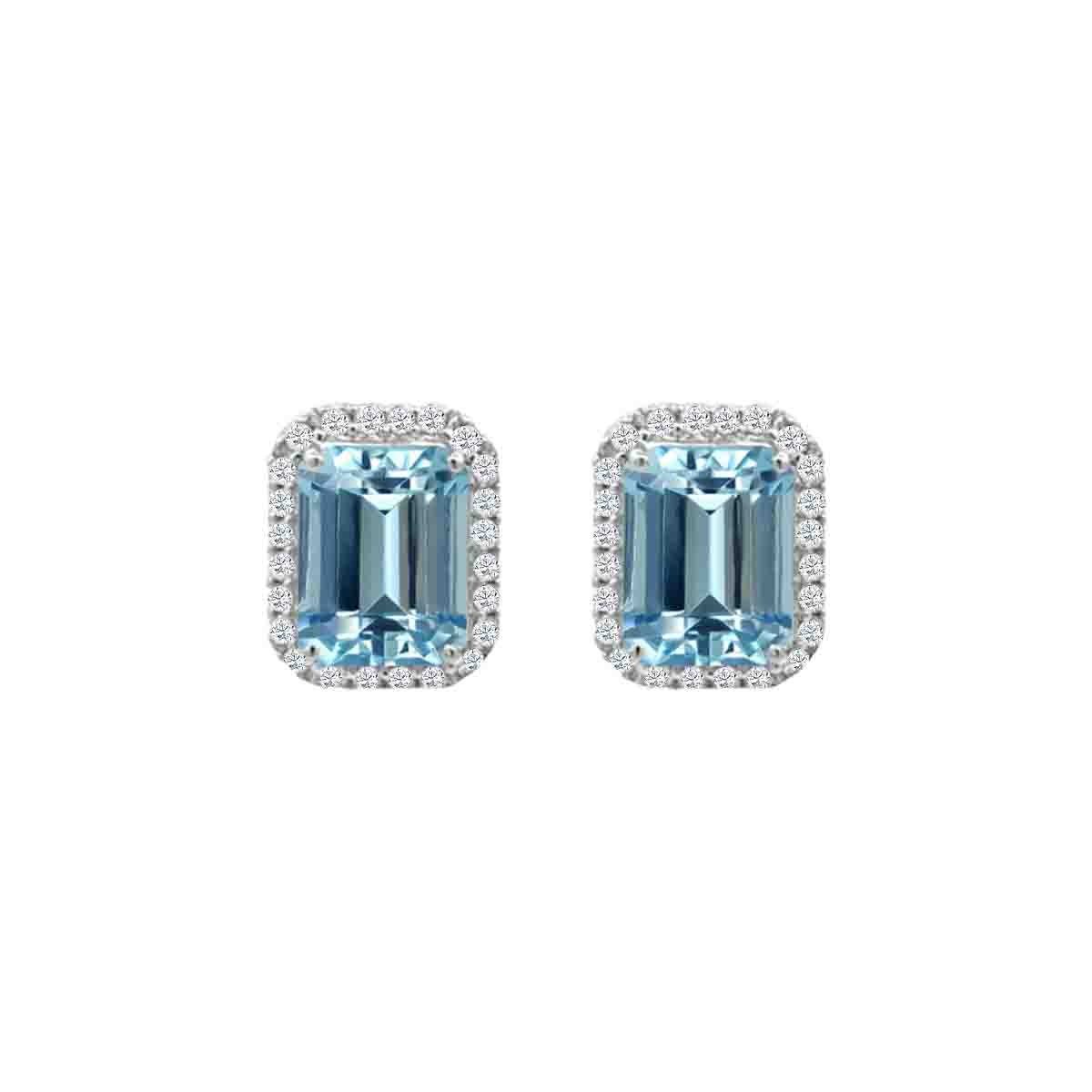 14K White Gold Octagon Aquamarine & Diamond Halo Stud Earrings