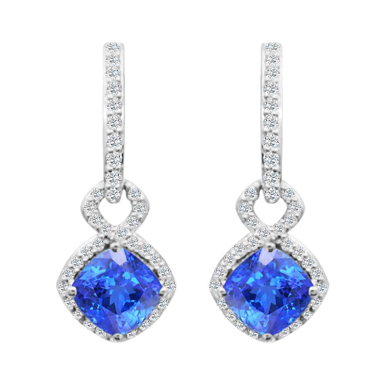 14K White Gold Cushion Tanzanite & Diamond Halo Drop Earrings
