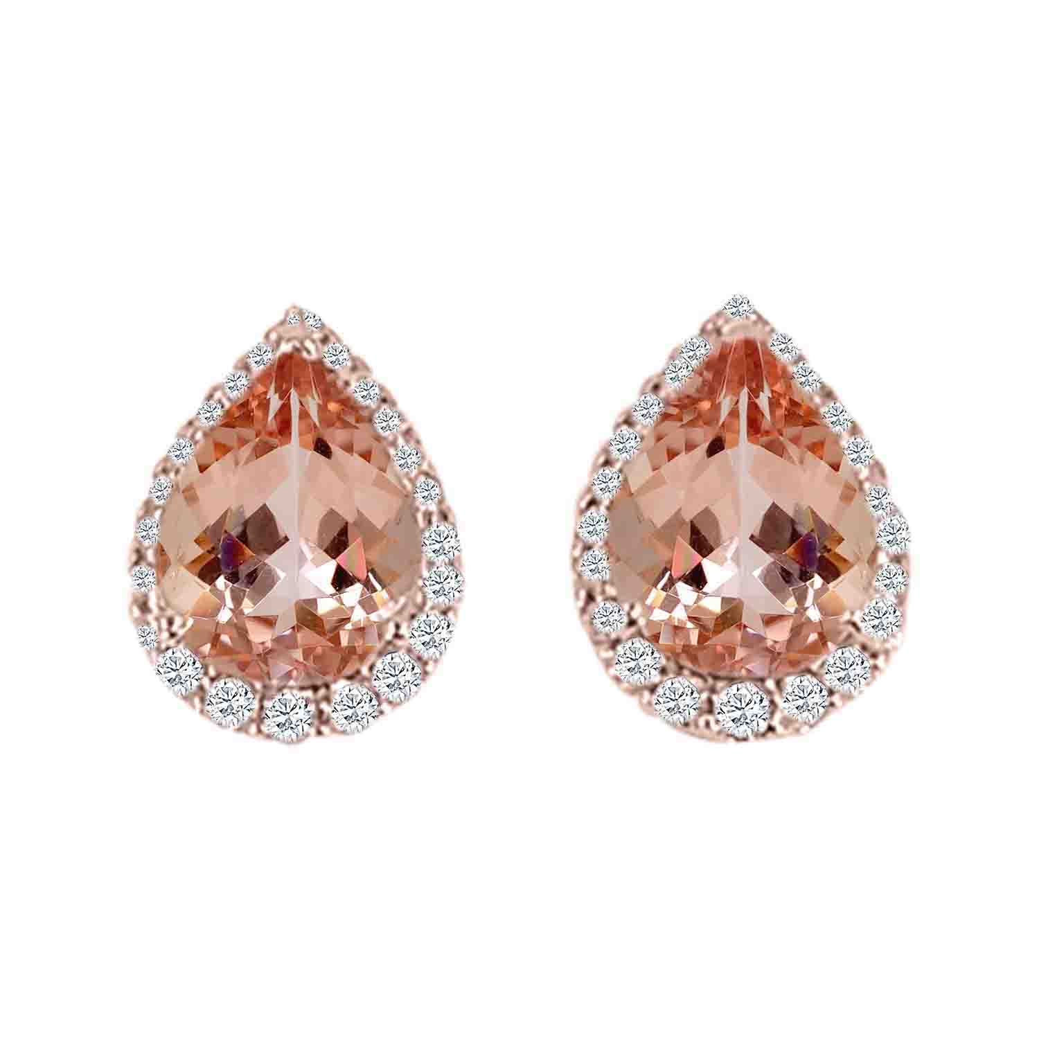 14K Rose Gold Pear Morganite & Diamond Halo Stud Earrings