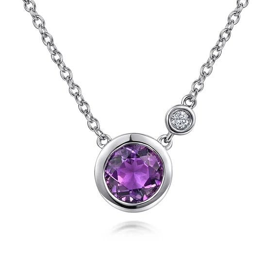 Gabriel & Co. Sterling Silver Amethyst & Diamond Accent Bezel Pendant Necklace (17.5")
