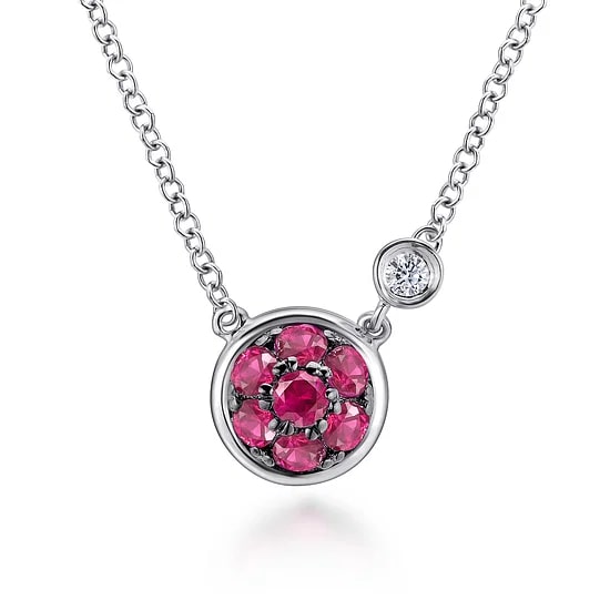 SS .34CTW RUBY .02CTW DIA ACCENT CLUSTER PEND NECK 17.5"