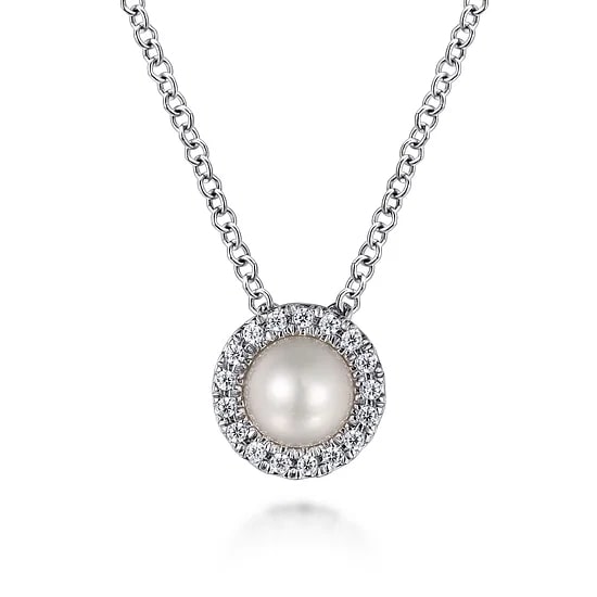 Gabriel & Co. 14K White Gold Pearl & Diamond Halo Pendant Necklace (18")