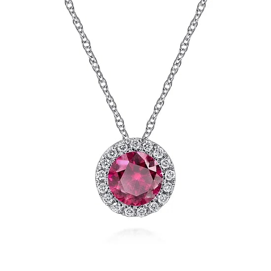 Gabriel & Co. 14K White Gold Ruby & Diamond Halo Pendant Necklace (18")