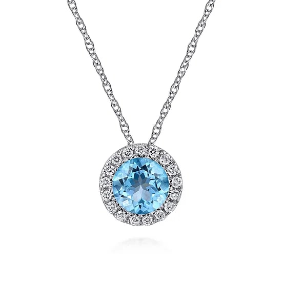 Gabriel & Co. 14K White Gold Blue Topaz & Diamond Halo Pendant Necklace (18")