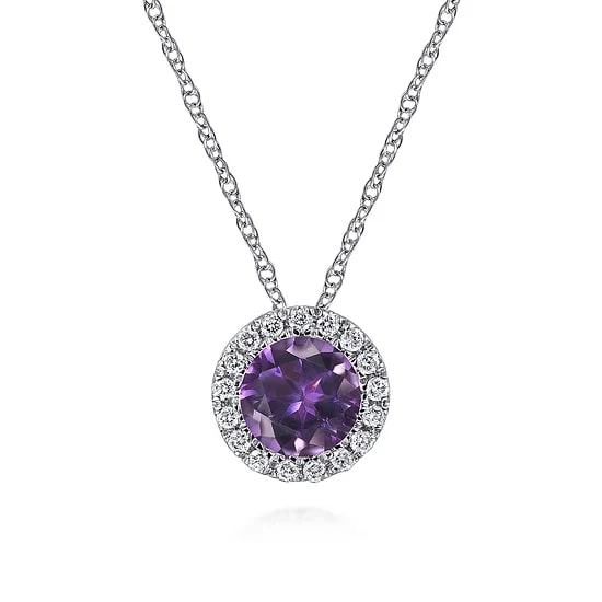 Gabriel & Co. 14K White Gold Amethyst & Diamond Halo Pendant Necklace (18")