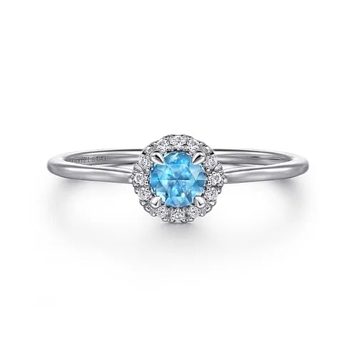 Gabriel & Co. 14K White Gold Swiss Blue Topaz & Diamond Round Halo Ring - Size 6.5