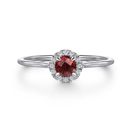 Gabriel & Co. 14K White Gold Garnet & Diamond Round Halo Ring - Size 6.5