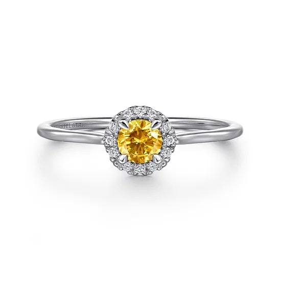 Gabriel & Co. 14K White Gold Citrine & Diamond Round Halo Ring - Size 6.5