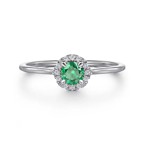 Gabriel & Co. 14K White Gold Emerald & Diamond Round Halo Ring - Size 6.5
