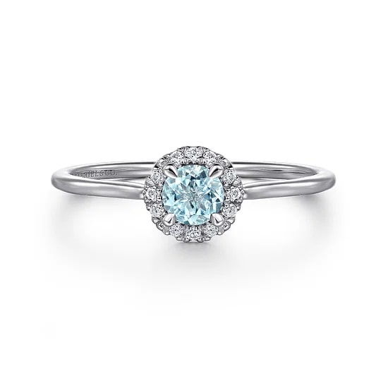 Gabriel & Co. 14K White Gold Aquamarine & Diamond Round Halo Ring - Size 6.5
