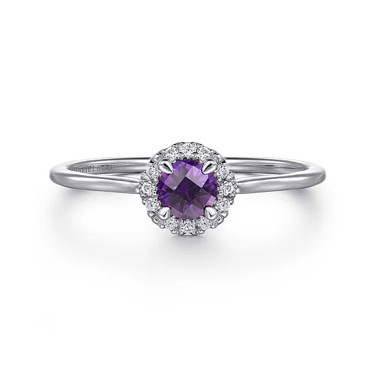 Gabriel & Co. 14K White Gold Amethyst & Diamond Round Halo Ring - Size 6.5