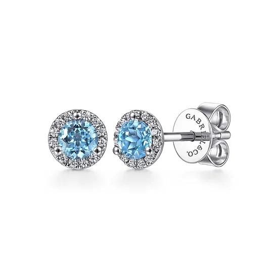 Gabriel & Co. 14K White Gold Swiss Blue Topaz & Diamond Round Halo Stud Earrings