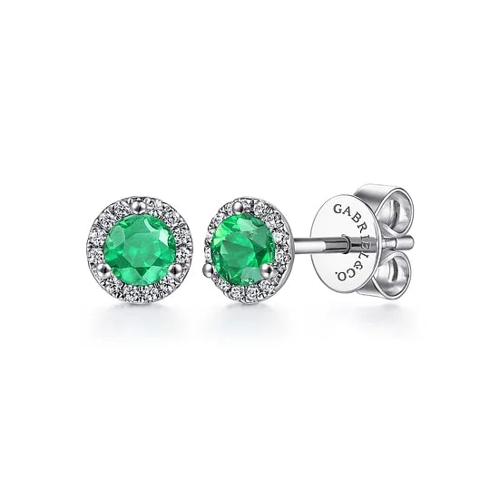 14KW .59CTW EMRLD .09CTW DIA RND 3PRNG HALO STUD EARR