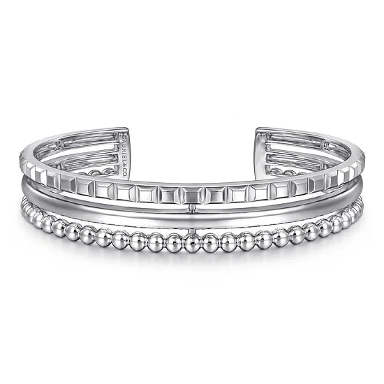 Gabriel & Co. Sterling Silver 3 Row Bead/Pyramid Cuff Bangle Bracelet