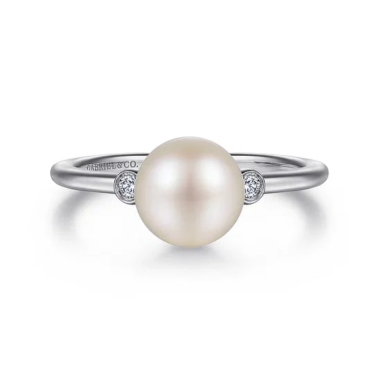 Gabriel & Co. Sterling Silver Pearl & Diamond Bezel Accent Ring - Size 6.5
