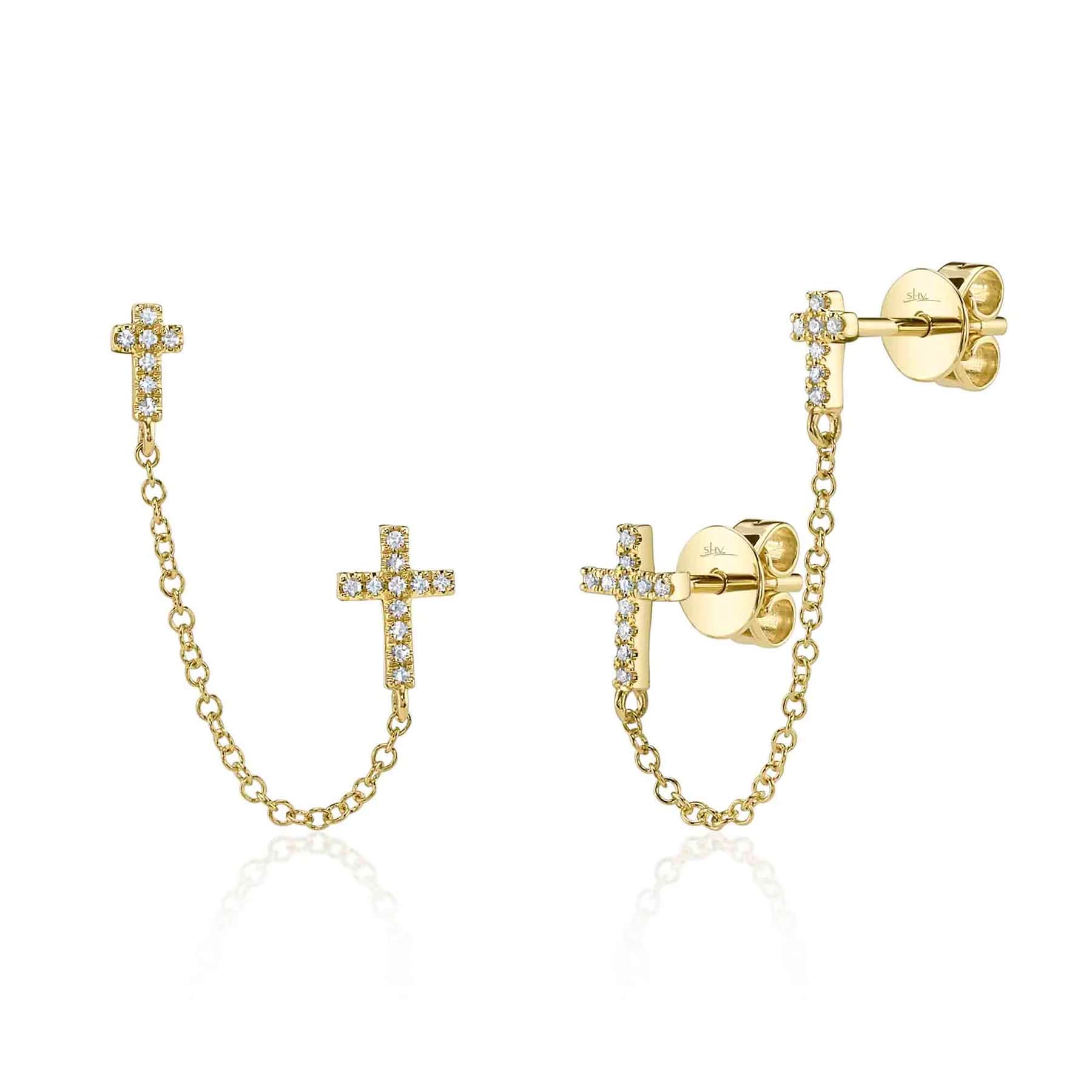 Shy Creation 14K Yellow Gold Diamond Cross Chain Double Post Earrings