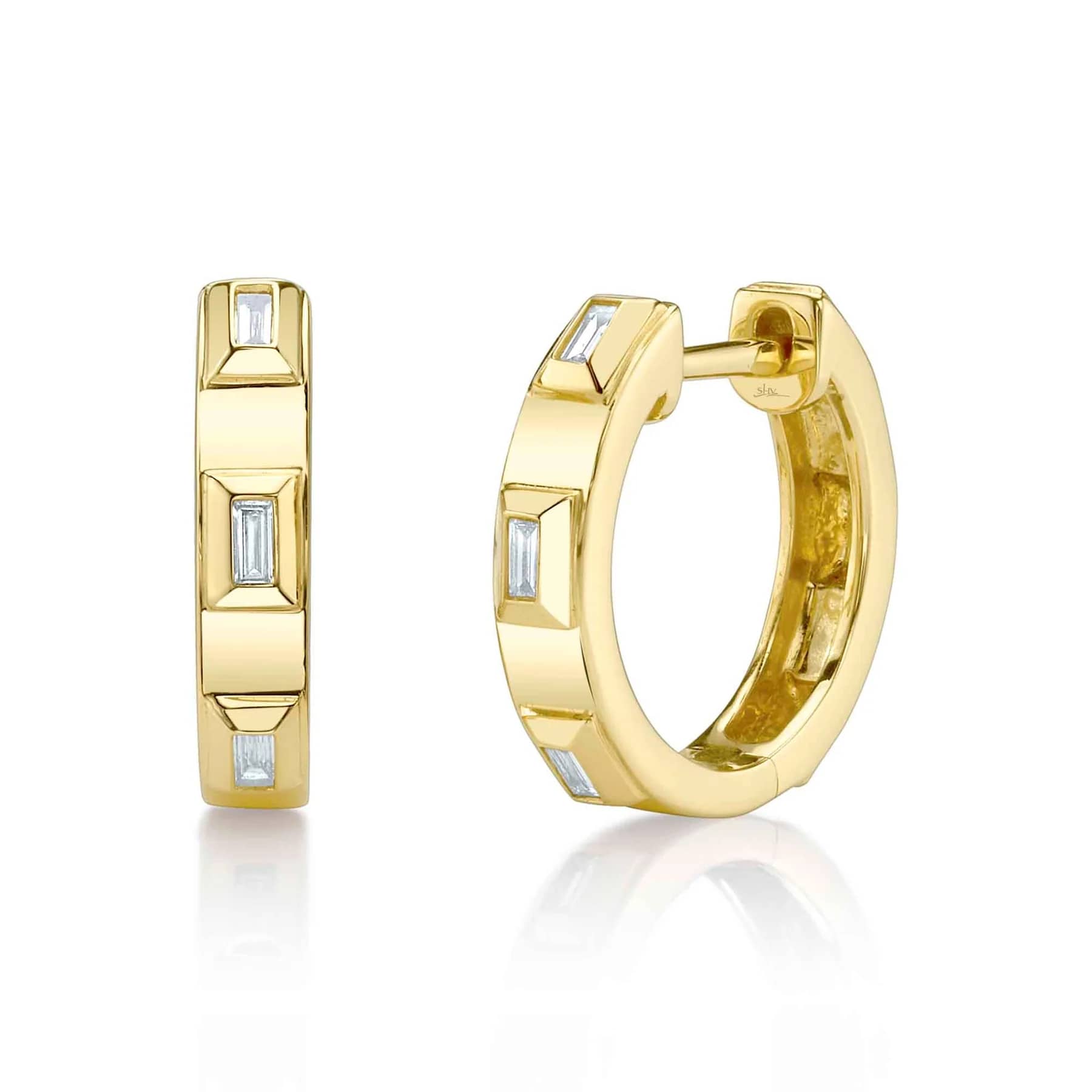 14KY .09CTW DIA BAGTTE GEO CUT HUGGIE EARR