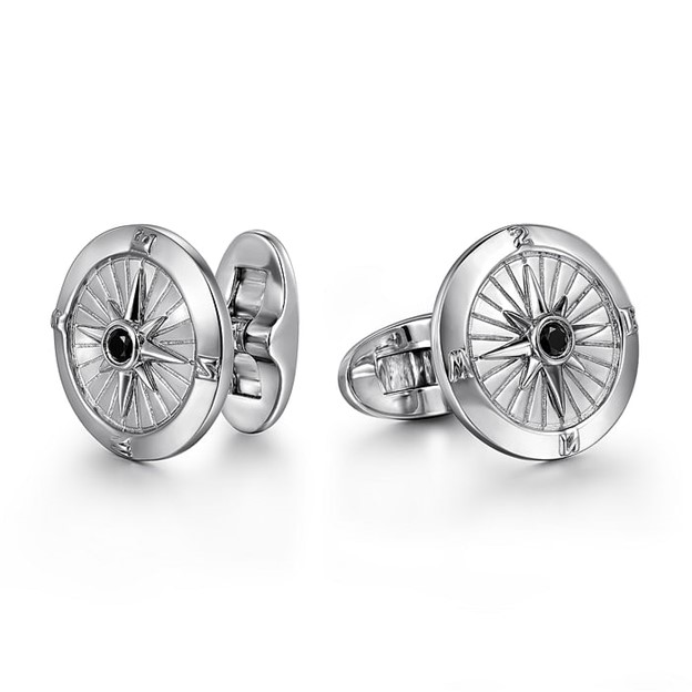 Sterling Silver Black Spinel Bezel Compass Cufflinks