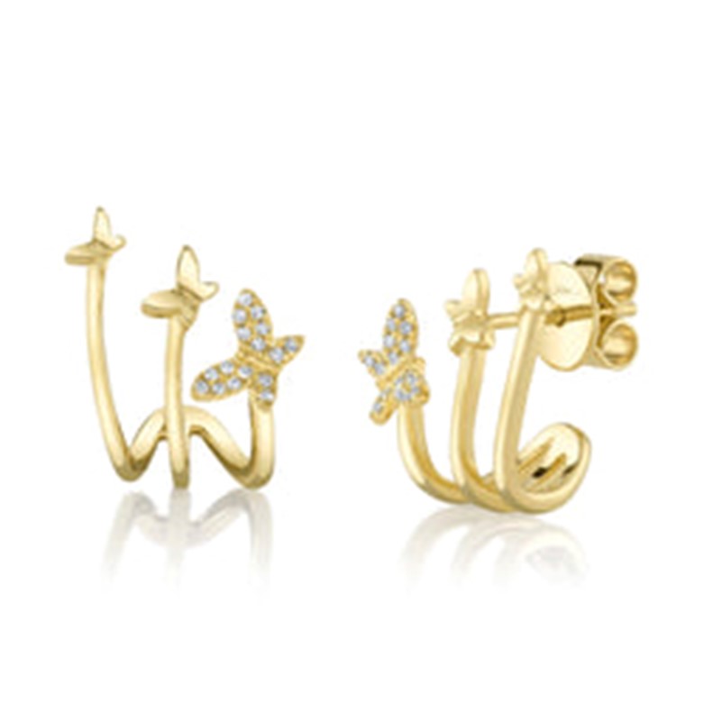 Shy Creation 14K Yellow Gold Diamond 3-Butterfly Cuff Stud Earrings
