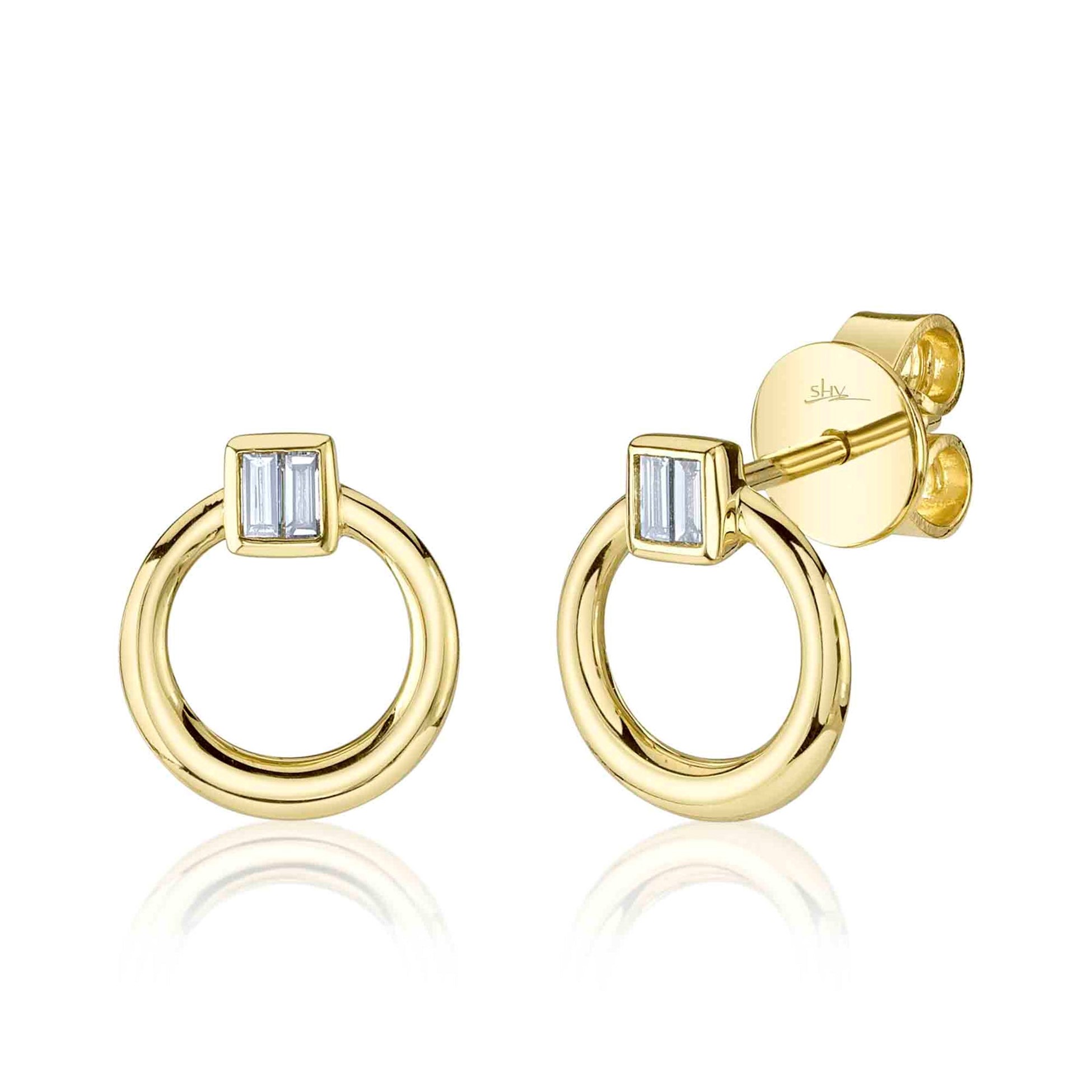 Shy Creation 14K Yellow Gold Diamond Baguette Circle Stud Earrings