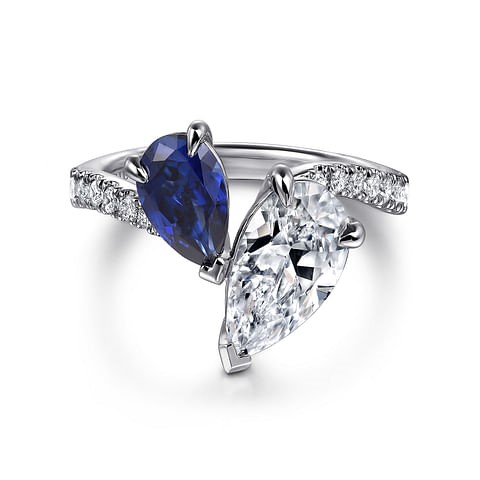 Gabriel & Co. 14K White Gold Sapphire & Diamond Double Pear Ring (CZ Center)