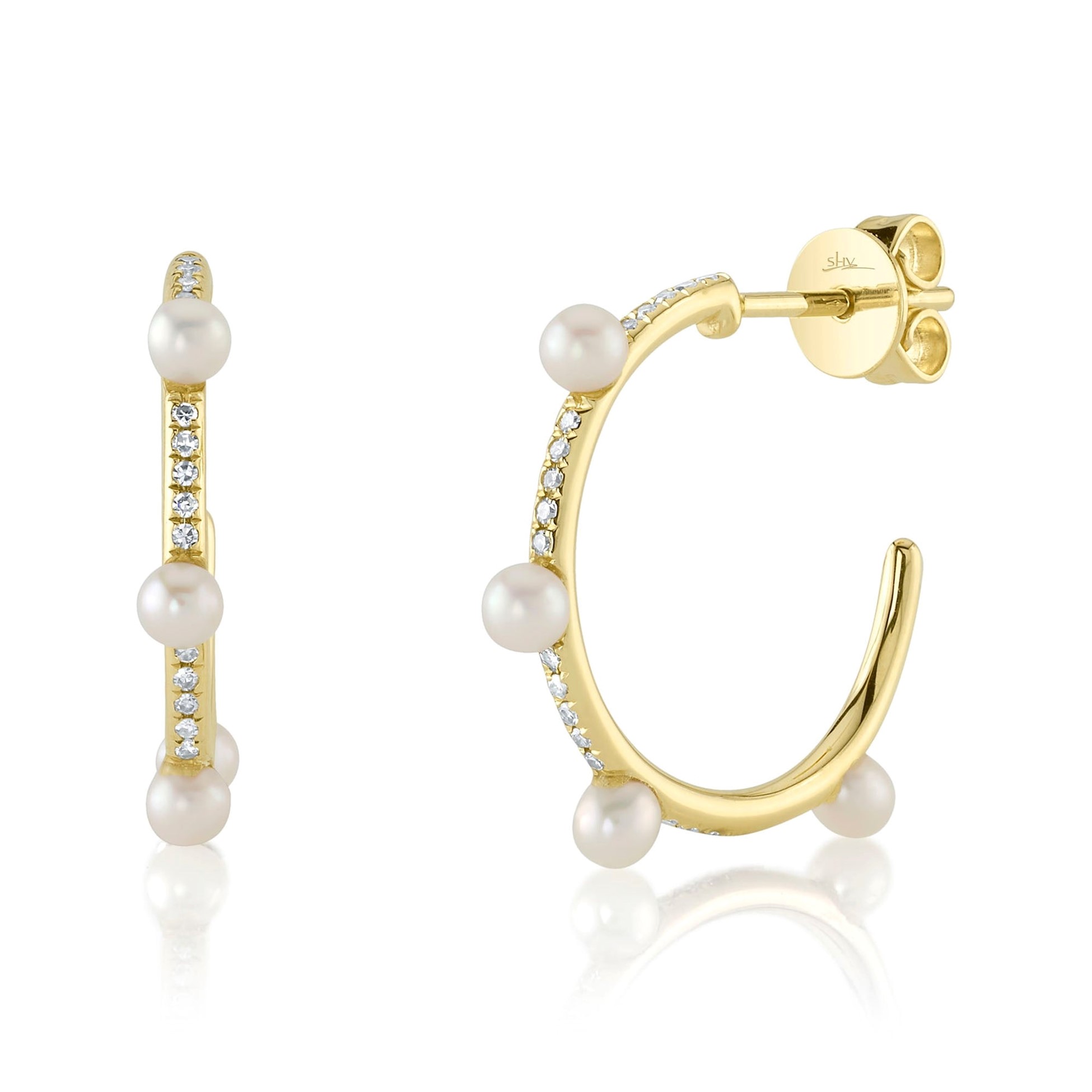 Shy Creation 14K Yellow Gold Cultured Pearl & Diamond Hoop Earrings
