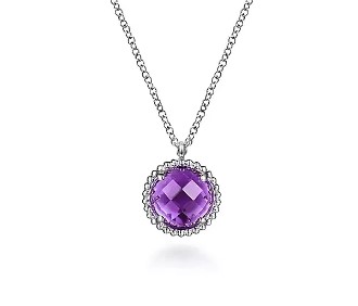 Gabriel & Co. Sterling Silver Round Amethyst Beaded Halo Pendant (18")