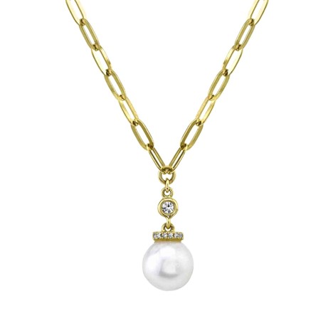 Shy Creation 14K Yellow Gold Diamond & Pearl Paper Clip Link Pendant