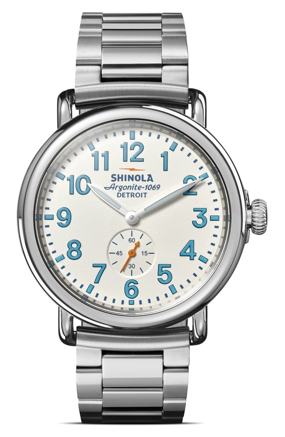 Shinola 41mm Runwell Watch - Ivory Dial with Teal Numbers, Silver Bracelet