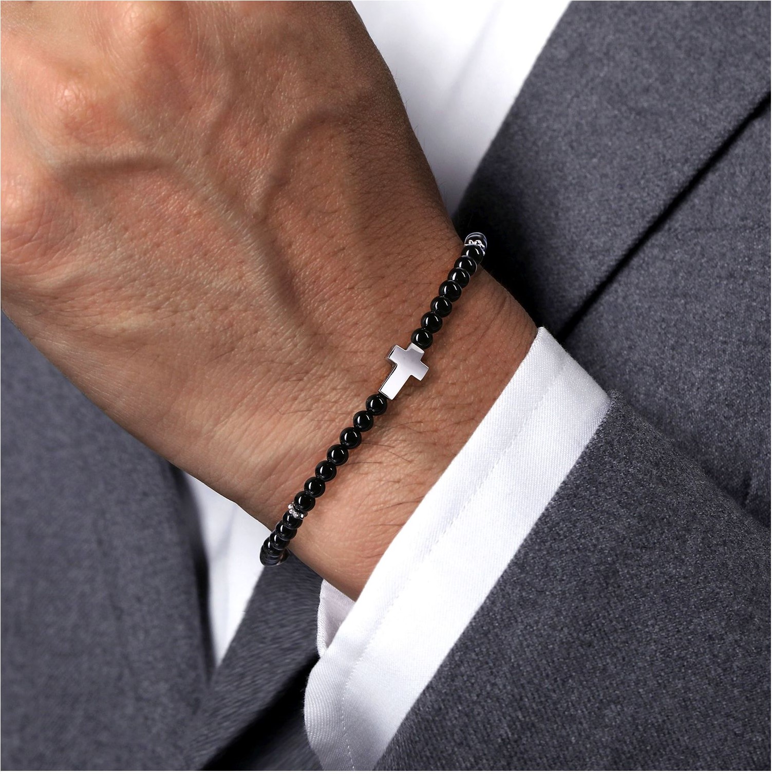 Gabriel & Co. Sterling Silver Onyx Beaded Small Cross Bracelet (4mm, 8")