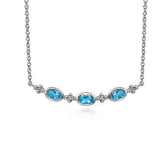 Sterling Silver Oval Blue Topaz 3-Stone Beaded Cluster Pendant (18")