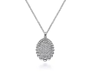 Gabriel & Co. Sterling Silver White Sapphire Oval Pave Beaded Halo Pendant (18")