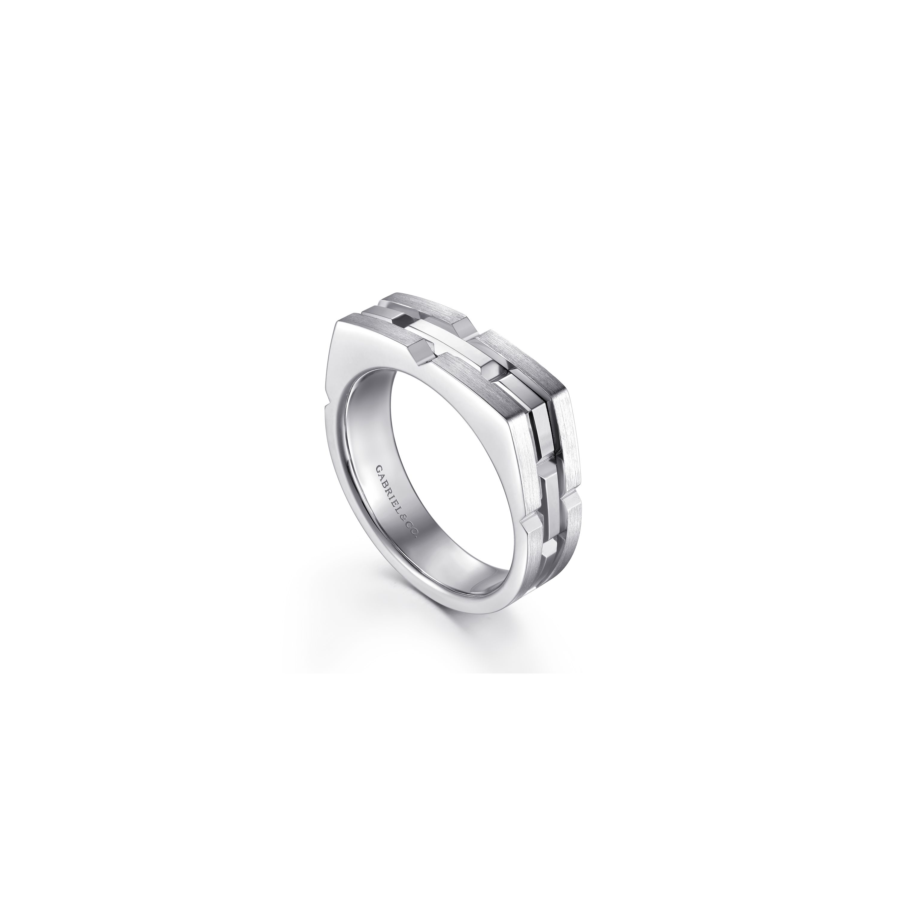 SS GEOMETRIC FLAT TOP SATIN INLAY RING SZ 10