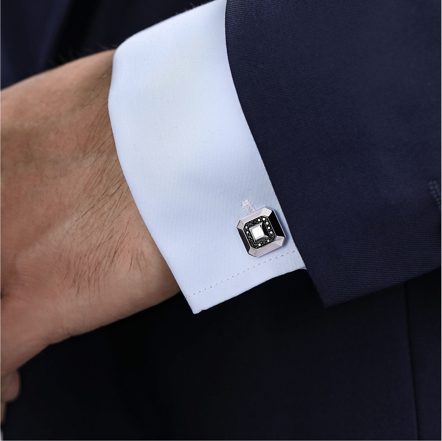 Sterling Silver Black Spinel Cushion Shape Halo Cufflinks