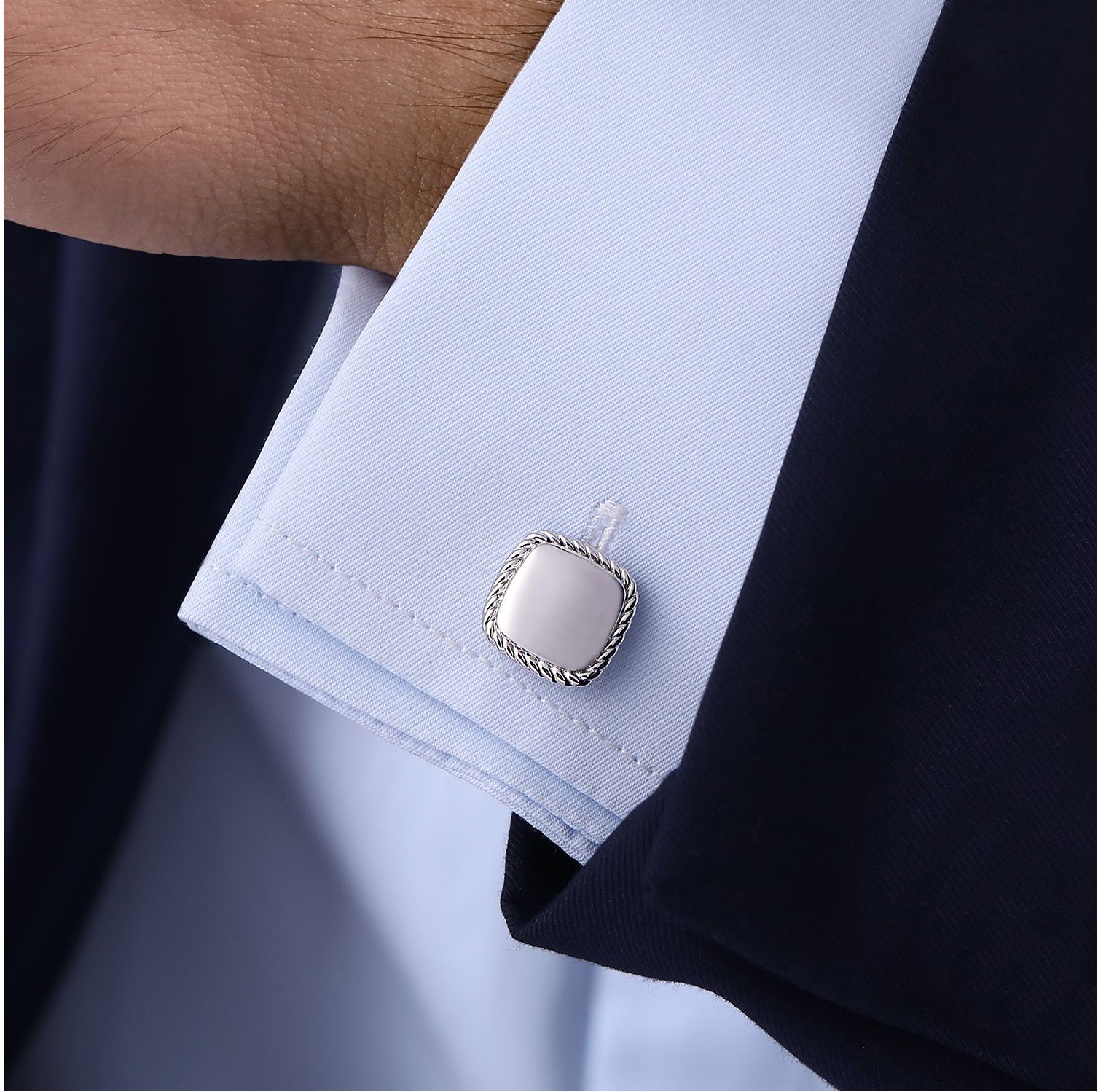 Sterling Silver Square Raised Brush Top Twist Trim Cufflinks